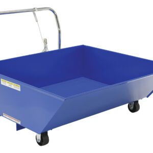 The Vestil Low Profile Parts Hopper 1/2 Cu Yd 2K in blue has four black wheels, a silver handle for easy transport, and warning labels on the side, contrasting with its white background.