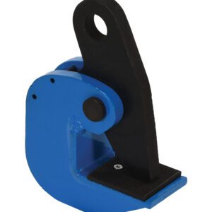 The Vestil Horizontal Plate Clamp 10K Capacity has a blue and black metal design, featuring a large circular hole at the top and a textured grip surface at the bottom, making it ideal for industrial lifting or securing tasks.