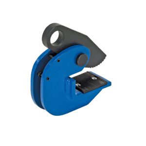 The Vestil Horizontal Plate Clamp 2K Capacity features a blue and black metal design with a serrated jaw and round attachment hole, ensuring secure object lifting. It stands out against a white background, showcasing its sturdy construction.