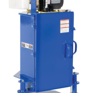 The Vestil Hydraulic Pail Crusher 5 Gallon features a blue industrial upright design with a black hydraulic cylinder on top. It includes a white 5-gallon container, various labels, four sturdy legs for support, and a front door for easy access.