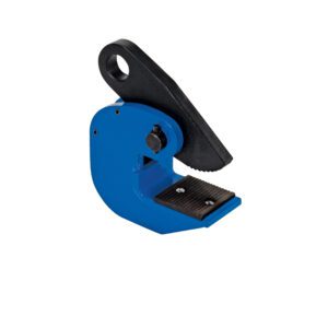 The Vestil Horizontal Plate Clamp 4K Capacity is blue, has a black hook attachment, and features a textured rubber gripping surface. Its angled for optimal use, ensuring secure lifting of objects up to its capacity.