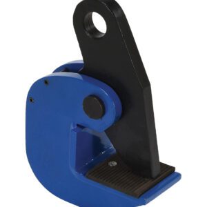 The Vestil Horizontal Plate Clamp 8K Capacity is blue with a black metal lever and circular attachment hole at the top. Its flat base is designed for efficient gripping, blending reliability with functionality against a white background.