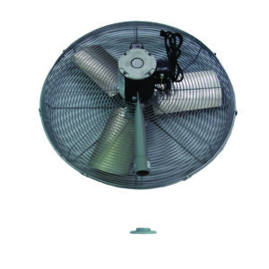 The Vestil High Performance Ceiling Mount Fan includes three robust metal blades within a protective wire cage, with a small round component beneath on a plain white background.