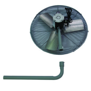 The Vestil High Performance Circular I-Beam Fan is a metal industrial wall-mounted fan with a protective grille and three blades, featuring a sturdy grey elbow-shaped mounting bracket that supports its sleek black design.