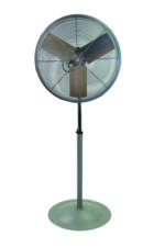 The Vestil High Performance Circular Pedestal Fan has a sleek silver design, three blades, a protective metal grill, and is supported by a sturdy round base.
