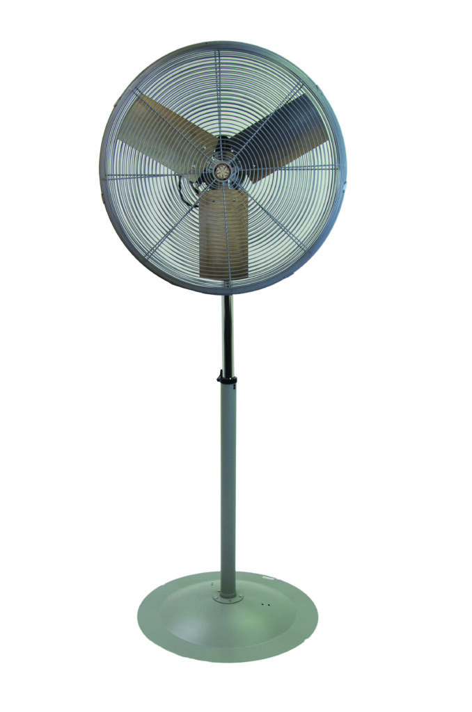 The Vestil High Performance Circular Pedestal Fan has a sleek silver design, three blades, a protective metal grill, and is supported by a sturdy round base.