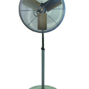 The Vestil High Performance Circular Pedestal Fan has a sleek silver design, three blades, a protective metal grill, and is supported by a sturdy round base.