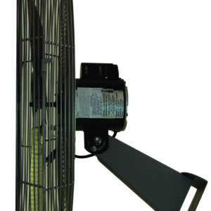 Side view of the Vestil High Performance Circular Wall Fan, highlighting its protective wire cage, sturdy metal bracket, visible motor housing, and slightly tilted blades for optimal airflow.