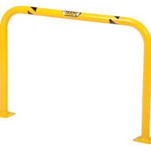 The Vestil High Profile Mach & Rack Guard 36X24X2 is a yellow metal safety barrier with a curved top, flat mounting plates for ground installation, black diagonal stripes near the top, and a small label.