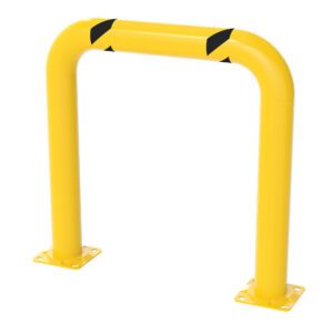 The Vestil High Profile Mach & Rack Guard 36X36X4 includes a yellow guardrail with black stripes, securely bolted on a flat base. Its U-shape design is made of sturdy metal for enhanced protection.
