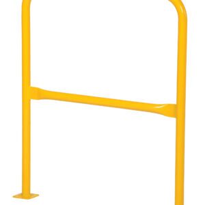 The Vestil High Profile Mach & Rack Guard 36X42X2 is a yellow metal safety guardrail with a horizontal mid-bar, adorned with black diagonal stripes, designed for flat surfaces and equipped with sturdy mounting plates for secure installation.