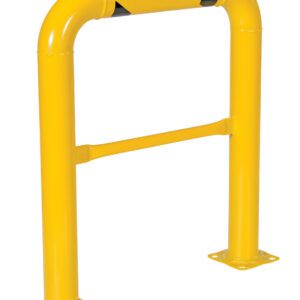 The Vestil High Profile Mach & Rack Guard 36X42X4 is a yellow metal safety guardrail with two vertical posts, a top horizontal bar, and black diagonal stripes for visibility, ideal for flat surfaces.