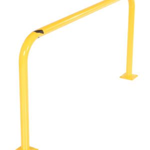 The Vestil High Profile Mach & Rack Guard 48X24X2 features a yellow metal safety barrier with rounded corners, two flat mounting base plates, and bent tube ends for a smooth finish, providing robust protection in industrial or commercial settings.