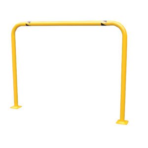 The Vestil High Profile Mach & Rack Guard 48X36X2 is a yellow safety barrier with black chevron markings on its top corners, featuring a U-shaped frame and flat square bases for mounting, presented against a plain white background.