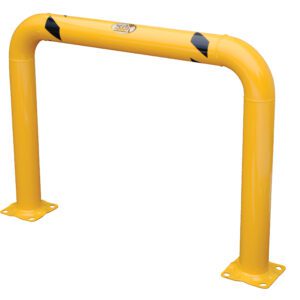 The Vestil High Profile Mach & Rack Guard 48X36X4 is a robust yellow safety barrier with a U-shaped design, featuring two mounting plates and black diagonal stripes on the top bar, plus a small logo on a plain white background.