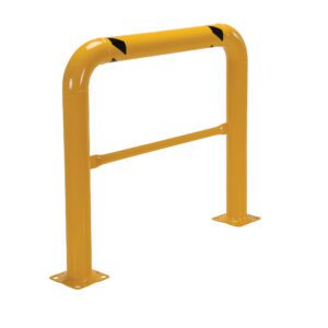 The Vestil High Profile Mach & Rack Guard 48X42X4 is a yellow metal safety barricade with a curved top and black diagonal stripes, featuring a horizontal bar and two flat plates for stability and enhanced visibility.