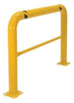 The Vestil High Profile Mach & Rack Guard 60X42X4 includes a yellow metal barrier with a horizontal beam between two vertical posts on square bases. Curved top corners have black arrow markings, and it boasts a durable, glossy finish thats visually striking.