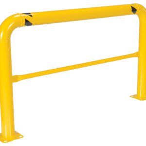 The Vestil High Profile Mach & Rack Guard 72X42X4 is a yellow safety barrier with rounded corners, a sturdy horizontal base bar, dual mounting plates on each side, and distinct black warning stripes on the top corners for enhanced visibility.
