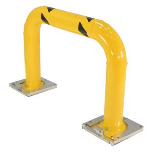 The Vestil Removable High Profile Rack Guard 48X42 is a yellow steel barrier with black arrows, featuring two upright posts and a horizontal beam on square plates, providing durable protection and easy removal.