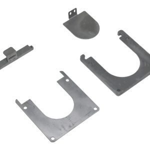 Four flat, gray metal brackets, possibly components of the Vestil Removable Bollard Base Additional, are displayed on a white background. Each bracket has varied shapes and notches indicating their use in assembly or as support structures.