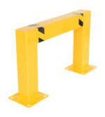 The Vestil Heavy Duty Machine And Rack Sq Guard 36 X 24 is a yellow metal safety barrier with a rectangular arch shape, featuring black diagonal stripes at the corners and base plates with mounting holes, ideal for industrial or warehouse protection.