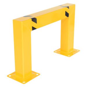 The Vestil Heavy Duty Machine And Rack Sq Guard 36 X 24 is a yellow metal safety barrier with a rectangular arch shape, featuring black diagonal stripes at the corners and base plates with mounting holes, ideal for industrial or warehouse protection.