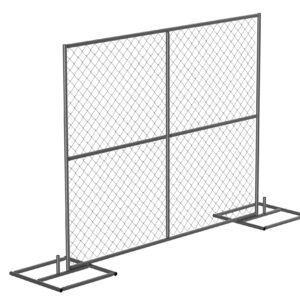 The Vestil Construction Barrier - Starter Unit is a freestanding chain-link fence with a rectangular frame and two base stands, ideal for temporary construction or event use. Its sturdy metal structure is divided into four sections for enhanced durability.