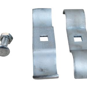 Two metal clips, resembling the Vestil Construction Barrier - Connectors, have rectangular cutouts and rounded edges. Positioned side by side on a white background, they sit next to a bolt with a round head and threaded end.
