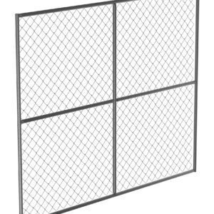 The Vestil Construction Barrier - Panel Unit is a large rectangular barrier with a sturdy metal frame, divided into four sections by horizontal and vertical supports, displaying a uniform grid pattern on its plain white background, highlighting its robust design.