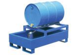 A blue drum sits on a Vestil Horizontal Retention Basin 600Lb - Blue, perfectly angled for dispensing, while a small metal container waits below to catch the liquid.