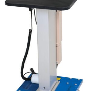 The blue Vestil Linear Actuated Post Table features a black platform, silver column, and red wheels. It includes a control box on the column, a top handle, and a coiled cable connected to the base.