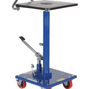 A blue hydraulic transmission jack with a flat square platform and foot pedal, similar to the Vestil Hydraulic Post Table 200 Lb 16 X 16, features a handle and four red caster wheels for easy mobility.