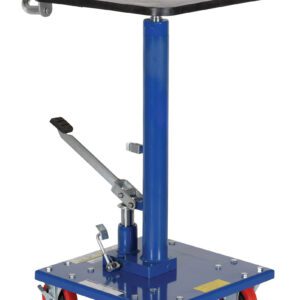 The Vestil Hydraulic Post Table 300 Lb 16 X 16 includes a blue hydraulic lift with a black 16 x 16 platform, wheeled base supporting up to 300 lbs, adjustable height via foot pedal, and red caster wheels for easy mobility.