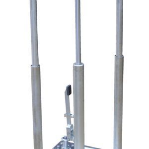 The Vestil Hyd Post Table-Partial Ss 500 Lb 18 X 18 is a sturdy lift cart with a flat top on four posts, featuring a handle and pedal for height adjustment. It rests on four caster wheels for easy mobility.