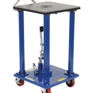 The Vestil Hydraulic Post Table 500 lb features an 18 x 18 black platform on four vertical columns, includes a foot pedal, handlebar, and four red wheels for easy mobility. Its metal frame and safety labels ensure secure use.