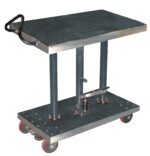 The Vestil Hyd Post Table-Partial Ss 1K Lb 20 X 36 features a black platform, red caster wheels, and a sturdy handle. Its hydraulic lift supports up to 1,000 lbs on the rectangular base, enhancing industrial efficiency.