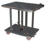 The Vestil Hyd Post Table-Partial Ss 2K Lb 24 X 36 includes a metal hydraulic lift, four cylindrical legs, a flat top, red caster wheels for mobility, a foot pedal for easy height adjustment, and a side handle for smooth maneuvering.