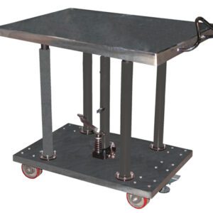 The Vestil Hyd Post Table-Partial Ss 2K Lb 24 X 36 includes a metal hydraulic lift, four cylindrical legs, a flat top, red caster wheels for mobility, a foot pedal for easy height adjustment, and a side handle for smooth maneuvering.