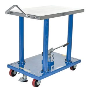 The Vestil Hydraulic Post Table 2K Lb 24 X 36 is a blue hydraulic lift table cart with a silver handle, four caster wheels (two with brakes), and a foot pedal for lifting, featuring a metallic surface and utilitarian design ideal for industrial or warehouse use.