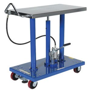The Vestil Hydraulic Air Post Table features a sturdy blue metal platform with a handle, pump lever, and four wheels for easy mobility. Its visible robust hydraulic mechanism ensures efficient lifting and handling.