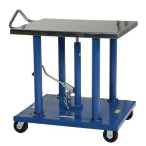 The Vestil Hydraulic Post Table 2K Lb 30 X 36 features a blue rectangular platform, a robust metal handle, and a foot pedal. It has four wheels for easy mobility and can lift objects up to 2,000 lbs with dimensions of 30 x 36 inches.