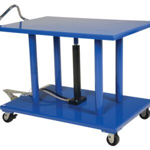 The Vestil Hydraulic Post Table 2K Lb 32 X 48 has a blue flat top, metal handle, and four caster wheels. Its hydraulic mechanism enables easy height adjustments for transporting or elevating heavy items.