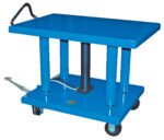 A Vestil Hydraulic Post Table 6K Lb 24 X 36 featuring a blue solid rectangular platform, four metal support columns, a handle, and four wheels. This industrial lift table holds up to 6K lbs with its mechanism visible beneath the 24 x 36-inch platform.