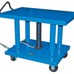 A Vestil Hydraulic Post Table 6K Lb 24 X 36 featuring a blue solid rectangular platform, four metal support columns, a handle, and four wheels. This industrial lift table holds up to 6K lbs with its mechanism visible beneath the 24 x 36-inch platform.