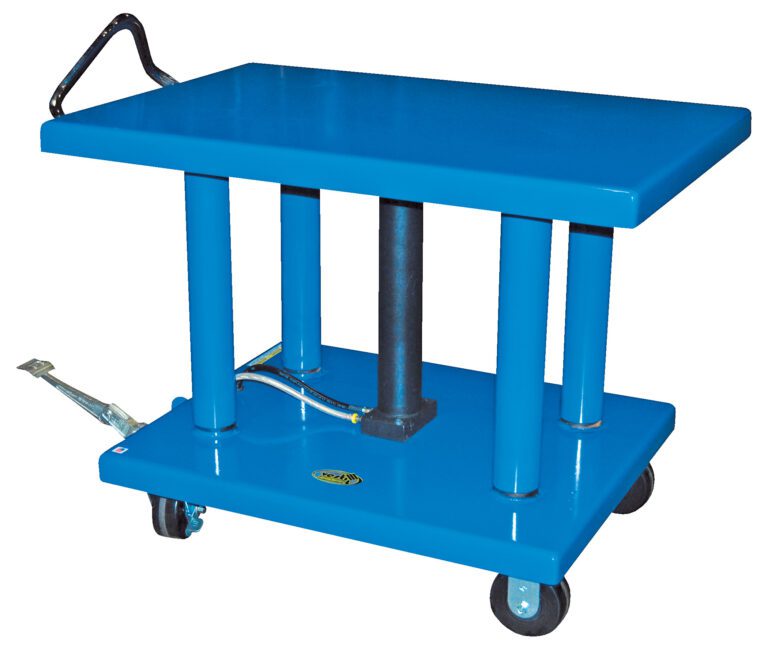 HT-60-2436_A.jpg A Vestil Hydraulic Post Table 6K Lb 24 X 36 featuring a blue solid rectangular platform, four metal support columns, a handle, and four wheels. This industrial lift table holds up to 6K lbs with its mechanism visible beneath the 24 x 36-inch platform.