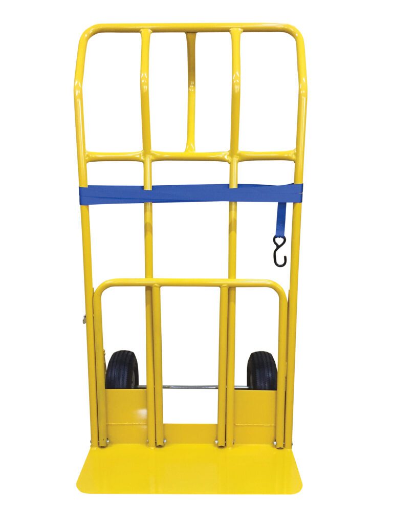 The Vestil Hand Truck Wide Load - 600Lb Cap-Pnu has a yellow frame, black wheels, tall structure, and flat base for handling up to 600 lbs effortlessly. It includes a sturdy blue strap to secure items during transport.