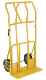 The Vestil Hand Truck Wide Load - 800Lb Cap-Hr features a yellow frame with two black wheels and an extended platform for transporting heavy items efficiently up to 800 lbs.