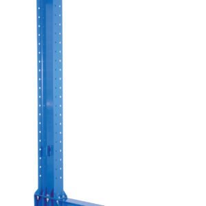 The blue metal Vestil Heavy Duty Single Cantilever 12Ft features an L-shaped design with perforated vertical arms and adjustable 42/48 arms, making it ideal for industrial or warehouse storage.