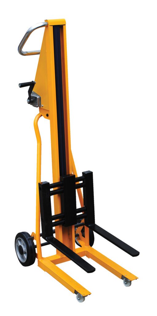 HWL-260_A.jpg The Vestil Portable Mini Stacker 260 Lb Capacity offers a yellow manual hydraulic lift with black forks, two large rear wheels, two smaller front wheels, and a metal handle for smooth operation. Its designed for efficiency and ease while upright.