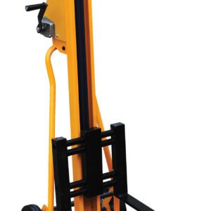 The Vestil Portable Mini Stacker 260 Lb Capacity offers a yellow manual hydraulic lift with black forks, two large rear wheels, two smaller front wheels, and a metal handle for smooth operation. Its designed for efficiency and ease while upright.
